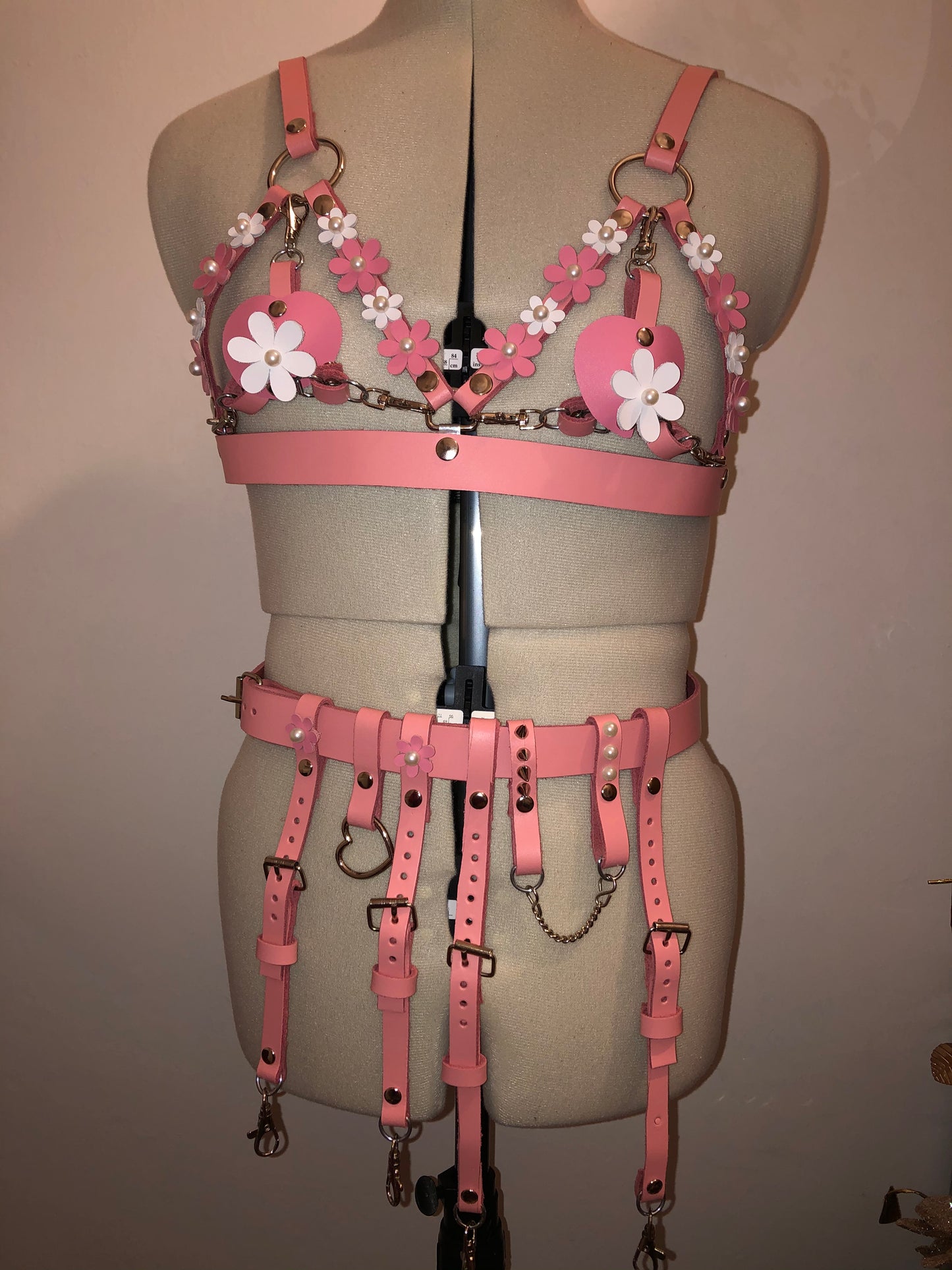 Pink & White Pearl Blossom Leather Cage Harness Bra – Crystals N Couture