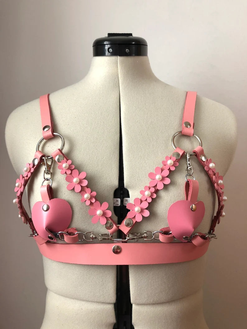 Pink Pearl Blossom Leather Cage Harness Bra – Crystals N Couture