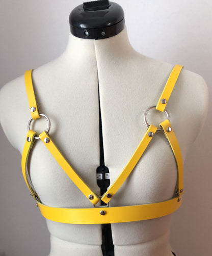 Ochre Yellow Leather Cage Harness Bra