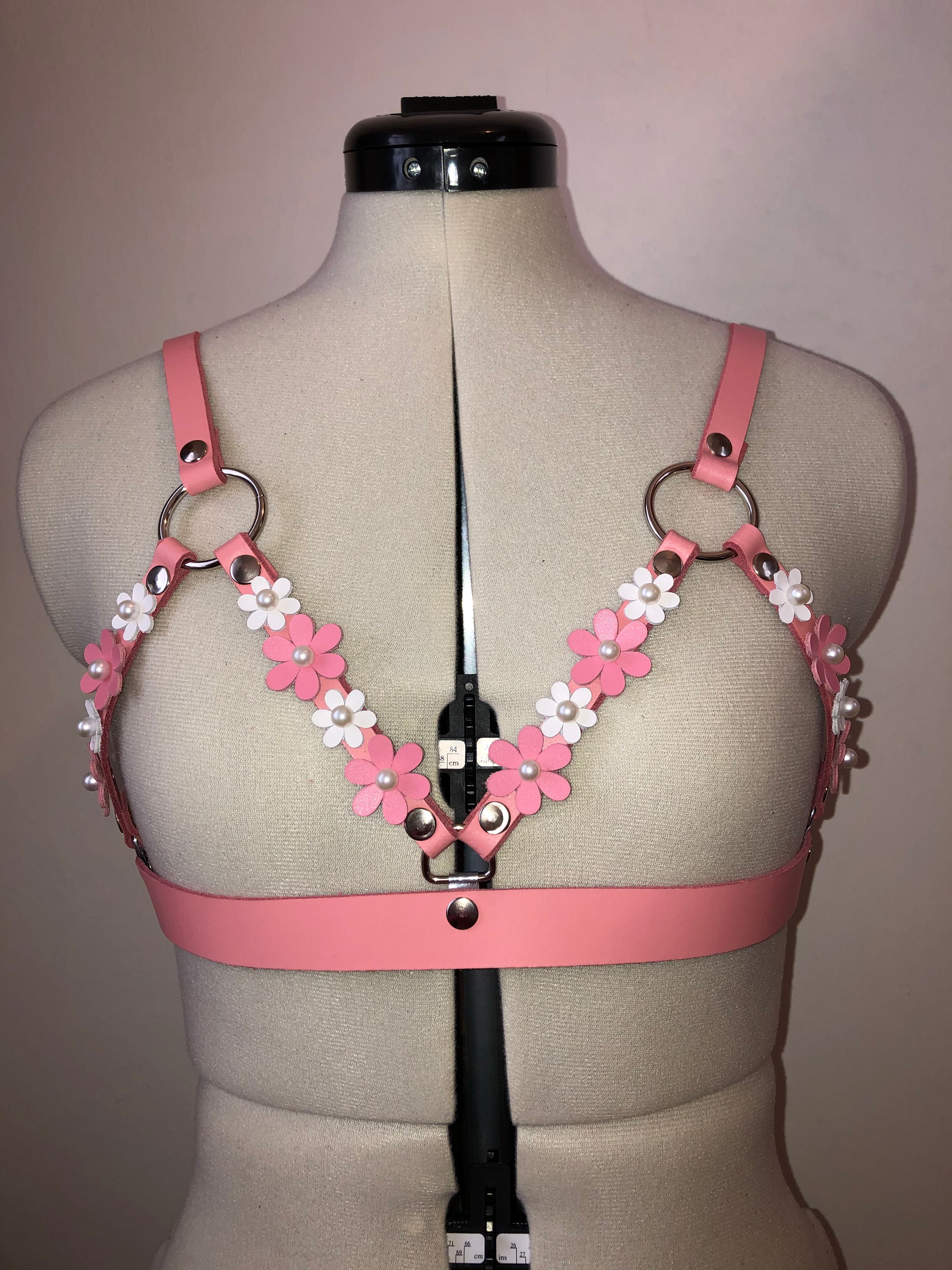 Pink & White Pearl Blossom Leather Cage Harness Bra – Crystals N